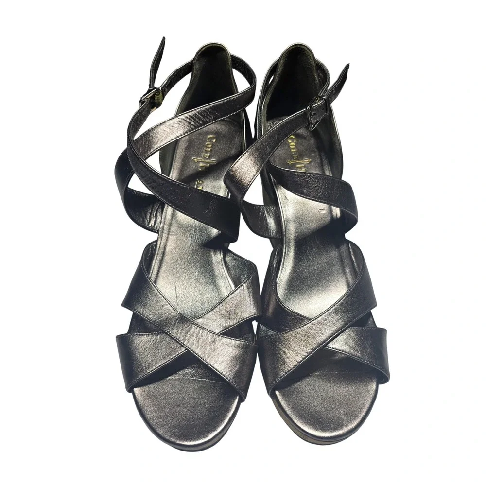 Cole Haan Nike Air Metallic Pewter Espadrille Wedge Sandals Shoes‎ Womens 10B